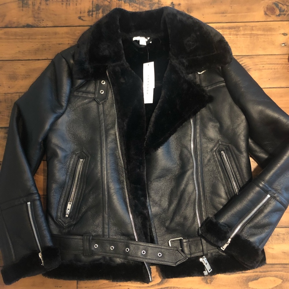 Topshop black faux leather aviator jacket size 2